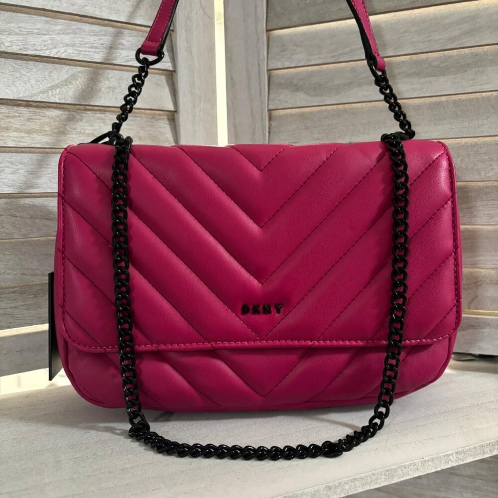 NWT DKNY Pink Quilted Leather Crossbody Shoulder Bag Black Hardware